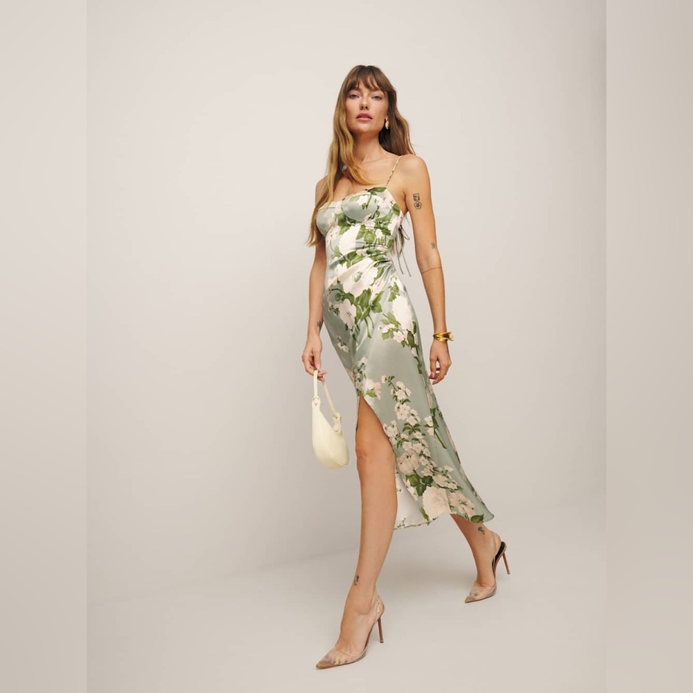 Reformation Marguerite Silk Dress in Tarragon - Picture 4 of 12